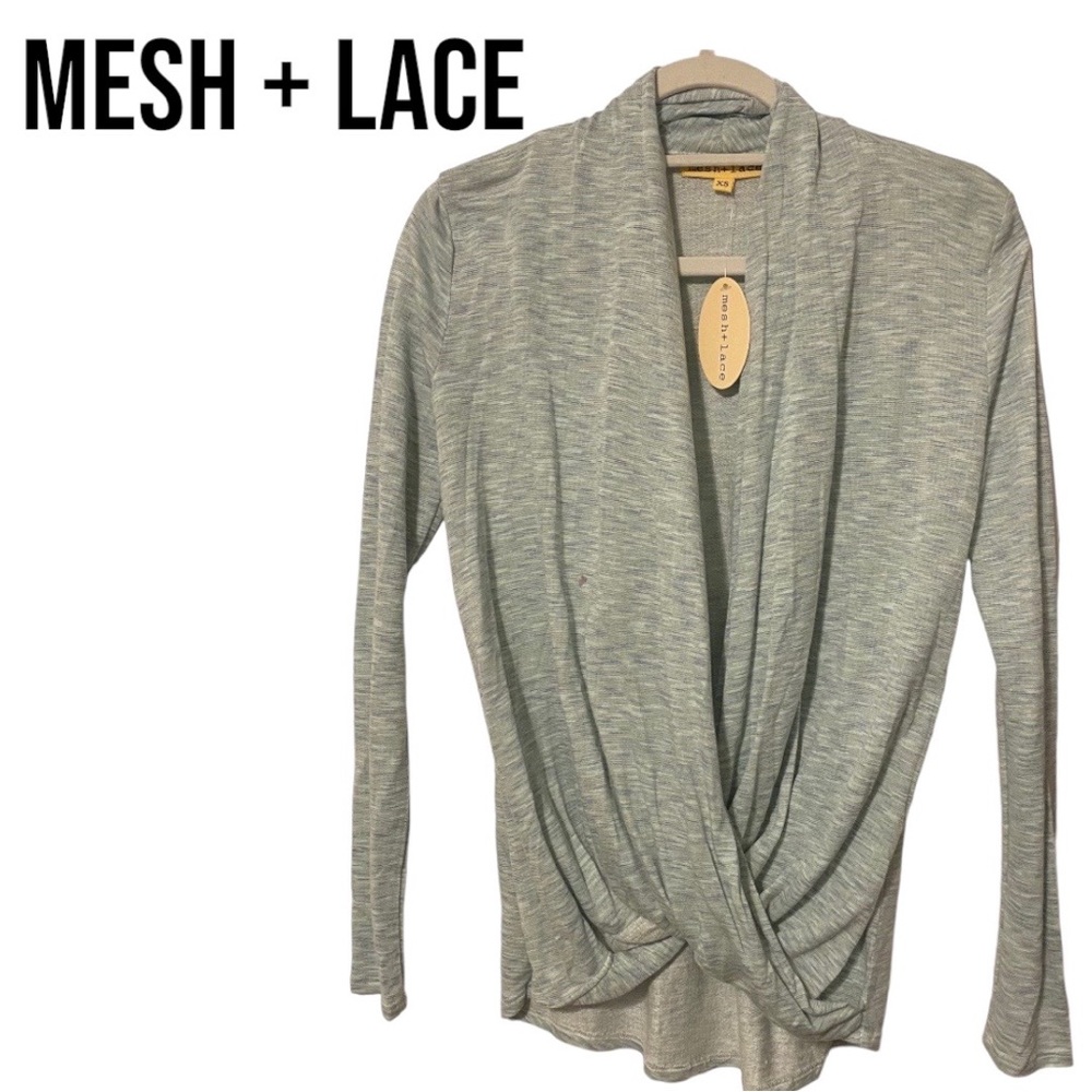 NWT Mesh + Lace WRAP FRONT SCOOP NECK TOP Criss Cross Pulliver XS Super Soft!!!